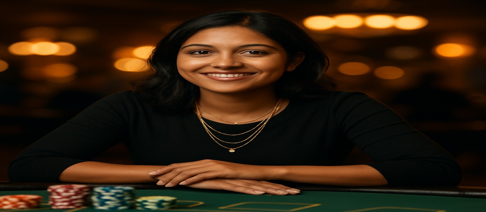 7555be-র গেমিং প্ল্যাটফর্মে একটি কার্ড টেবিলে বসে থাকা হাসিখুশি এক মেয়ে ডিলার তার সামনে রাখা চিপস ও কার্ডগুলো রেখে বিস্তৃত খেলার নির্বাচনের তালিকা উপস্থাপন করেন।