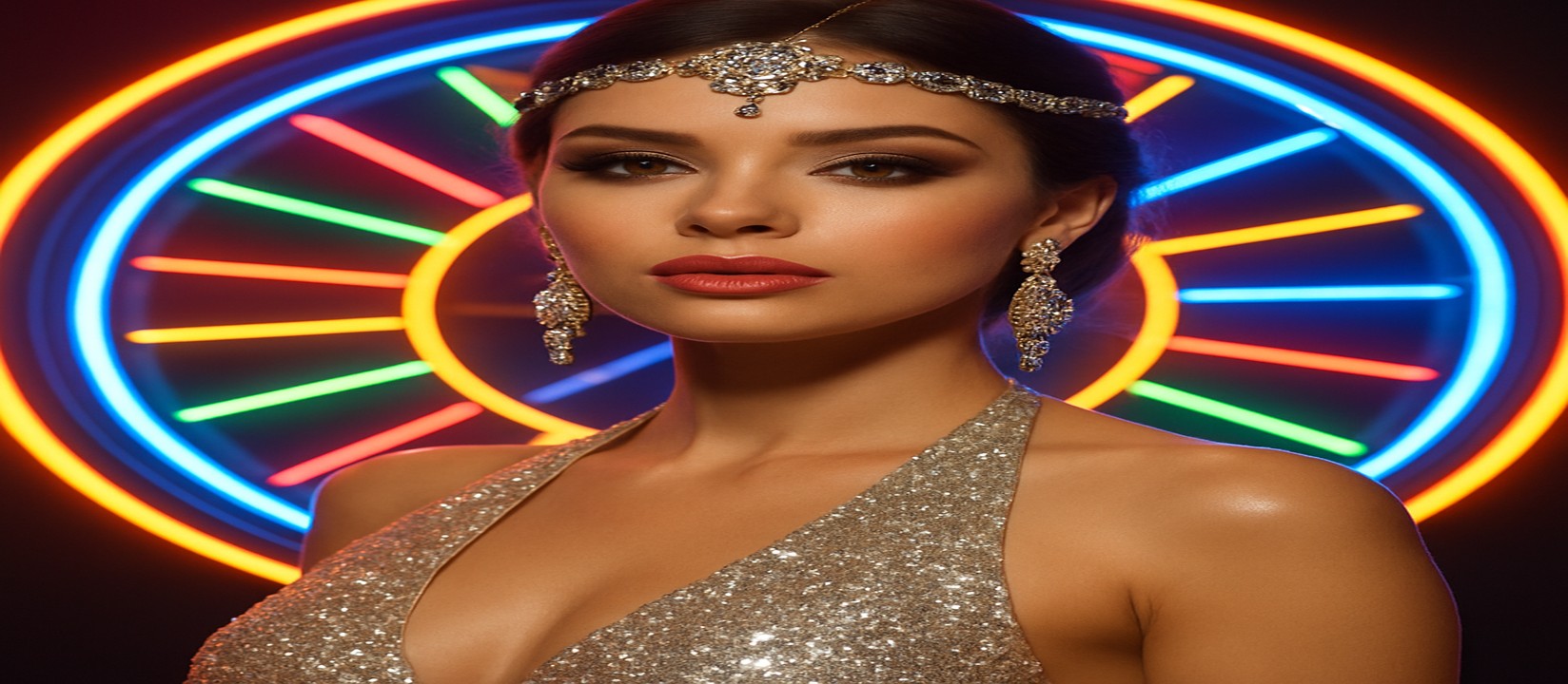 চাকার সামনে উজ্জ্বল পোশাকে এক নারী, 7555be গেমিং প্ল্যাটফর্ম