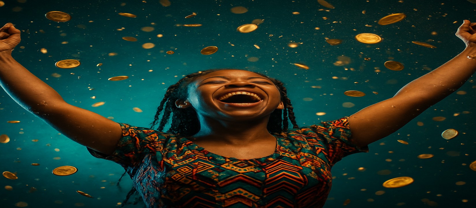 মুদ্রার ঝরনার মাঝে রঙিন পোশাকে এক নারী